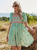 Robe bohème col bateau manches courtes imprimé floral extensible plissé robe dété midi
