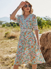 Robe bohème col en V demi manches imprimé floral robe dété plissée extensible mi-longue