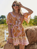 Robe bohème col en V demi manches imprimé floral robe dété plissée extensible mi-longue