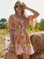 Robe bohème col en V demi manches imprimé floral robe dété plissée extensible mi-longue