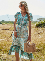 Robe bohème col en V manches courtes imprimé floral robe de plage mi-longue plissée extensible
