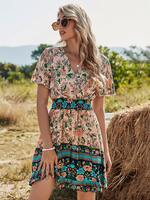Robe bohème col en V manches courtes imprimée stretch plissée robe de plage midi