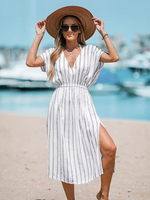 Robe Bohème Col en V Manches Courtes Rayures Robe d