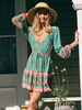 Robe Bohème Courte à Col V Ceinturé à Lacets Elastique avec Les Boutons Imprimé avec Les Fleurs avec Manches Longues Bas Evasée
