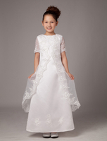 Robe Bohème de cortège enfant Tissu de satin ivoire col rond avec dentelle