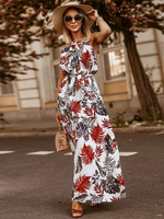 Robe Bohème Imprimé Femme avec Bretelles à Col Rond Coupe Cintrée à Lacets Robe Longue