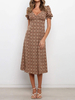 Robe Bohème Imprimé Femme Longue à Col Décolleté en V avec Manches Courtes Amples Coupe Cintrée Bas Evasée Bicolores Robe Longue