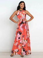 Robe Bohème Imprimé Longue Femme avec Bretelles à Col Rond Coupe Cintrée Bas Evasée Robe Maxi