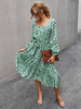 Robe Bohème Longue à Col Carré Bas Evalée Imprimé avec Pois avec Manches Longues Ceinturé à Lacets