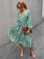Robe Bohème Longue à Col Carré Bas Evalée Imprimé avec Pois avec Manches Longues Ceinturé à Lacets
