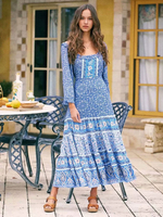 Robe Bohème Longue à Col Rond Coupe Cintrée avec Les Boutons Imprimé avec Les Fleurs avec Manches Longues Bas Evasée Robe Bohème