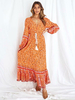 Robe Bohème Longue à Col V Ceinturé à Lacets Elastique avec Les Boutons Imprimé avec Les Fleurs avec Manches Longues Bas Evasée Robe Bohème