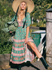 Robe Bohème Longue à Col V Coupe Cintrée avec Les Boutons Imprimé avec Les Fleurs avec Manches Courtes Fente Latérale Bas Evasée Robe Bohème