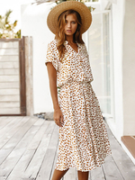 Robe Bohème Longue à Col V Fermeture avec Les Boutons Imprimé avec Les Pois Bicolores avec Manches Courte Ceinturé à Lacets