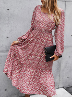 Robe Bohème Longue Femme à Col Rond Bas Evalée Imprimé avec Les Fleurs Bicolores avec Manches Longues Coupe Cintrée Robe Longue Femme