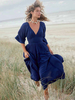 Robe Bohème Plissée Col En V Manches Ample Robe De Plage Irrégulière