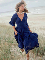 Robe Bohème Plissée Col En V Manches Ample Robe De Plage Irrégulière