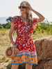 Robe bohème plissée col en V manches courtes imprimé floral robe dété mi-longue extensible