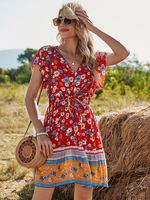 Robe bohème plissée col en V manches courtes imprimé floral robe dété mi-longue extensible
