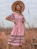 Robe bohème plissée col en V manches courtes imprimé floral robe dété superposée