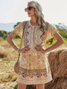 Robe bohème plissée col rabattu manches courtes imprimée robe de plage extensible abricot clair