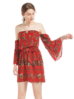 Robe bohème Robe de plage dété imprimée florale à col bateau rouge