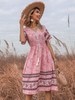 Robe bohème rose à lacets col en V manches courtes imprimée robe dété superposée
