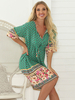 Robe boho col en v demi-manches à manches florales imprimé polyester genou longueur robe de plage