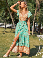 Robe Boho Col V Manches Courtes Robe dété Imprimé Floral