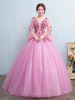 Robe boule robe de Quinceanera Tulle rose Fuchsia Pageant robe dentelle appliques fleur V cou Bell longue manches étage longueur Prom robe