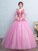 Robe boule robe de Quinceanera Tulle rose Fuchsia Pageant robe dentelle appliques fleur V cou Bell longue manches étage longueur Prom robe