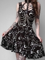 Robe camisole gothique femme noire à lacets col en U sans manches tunique en polyester sexy robe midi
