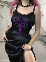 Robe camisole pour femme en dentelle noire sans manches robe moulante gothique fendue