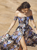 Robe Champêtre 2021 Boho Maxi Dress Black Floral Imprimé Au Large De L’Épaule Manches Courtes Fente Longue Robe