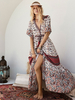 Robe Champêtre 2021 Boho Maxi Dress V Neck Manches Moitié Boutons Imprimé Robe Été