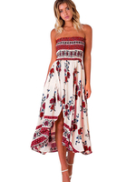 Robe Champêtre 2021 Bustier Froncé Haute Basse Floral Imprimé Fente Boho Robe Féminine Plissée Robe Midi