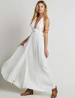 Robe Champêtre 2021 Robe Longueueueueueue Blanche Halter V Cou Sans Manches Dos Nu Robe Maxi Avec Frange