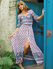 Robe Champêtre 2021 Robe Longueueueueueue Rose En Chiffon Losangé Imprimé Fleuri Col V
