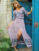 Robe Champêtre 2021 Robe Longueueueueueue Rose En Chiffon Losangé Imprimé Fleuri Col V