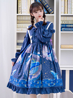 Robe Classique Lolita OP Robe Une Pièce Lolita Bleue à Nouettes Imprimée Baleine Déguisements Halloween