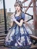 Robe classique Lolita OP thème de conte de fées Infanta motif imprimé floral dentelle bleu profond Lolita robes dune seule pièce