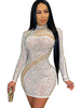 Robe Club Blanche Femme Col Haut Strass Manches Longues Polyester Robe Moulante Sexy