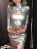 Robe Club Col Haut Décontracté Fermeture Éclair Manches Longues Polyester Argent Robe Sexy
