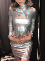 Robe Club Col Haut Décontracté Fermeture Éclair Manches Longues Polyester Argent Robe Sexy