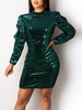 Robe Club Col Haut Sexy Zipper Manches Longues Paillettes Robe Sexy Vert Foncé
