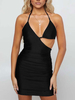 Robe Club Polyester Bretelles Décolleté Noir Sans Manches Polyester Robe Sexy