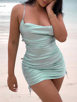 Robe Club Pour Femmes Bretelles Cou Sexy Plissé Sans Manches Polyester Vert Clair Robe Sexy
