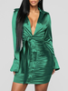 Robe Club Pour Femmes Vert Col Rabattu Plissé Manches Longues Polyester Robe Sexy