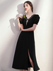 Robe cocktail Femmes Noir élégant thé longueur Gaine col en V Perles