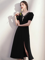 Robe cocktail Femmes Noir élégant thé longueur Gaine col en V Perles